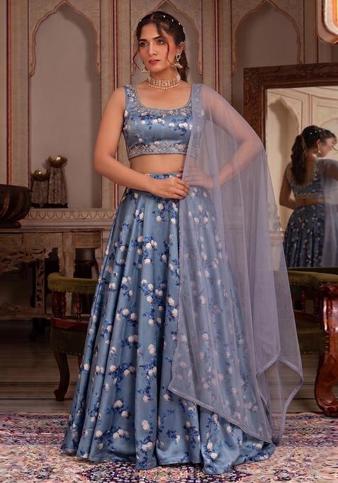 Steel Blue Printed Lehenga Set