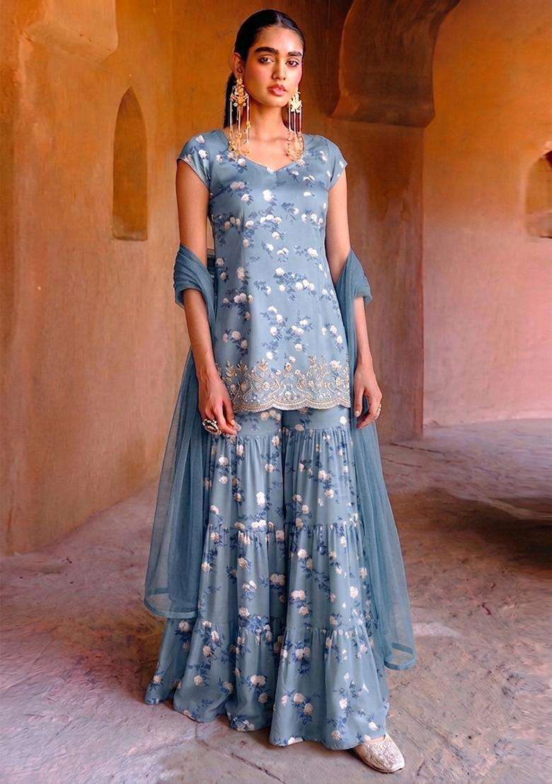 Steel Blue Printed Sharara Set - Indya