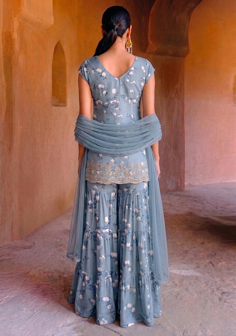 Steel Blue Printed Sharara Set - Indya