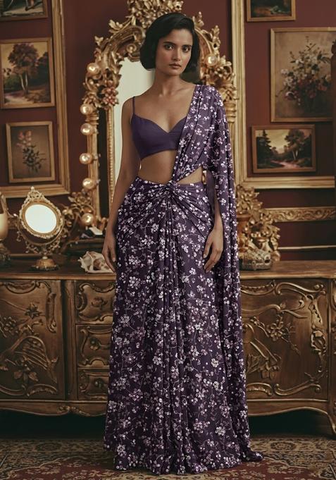 Mauve Purple Embroidered Net Pre Draped Saree Set