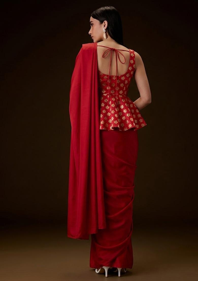 Scarlet Red Brocade Pre Draped Saree Set - Indya