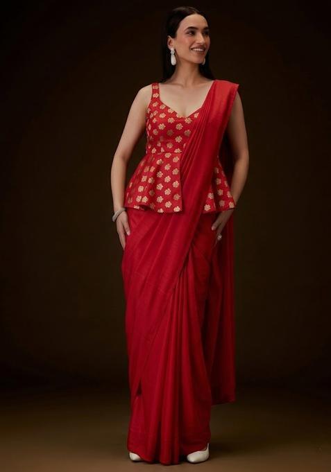 Scarlet Red Brocade Pre Draped Saree Set