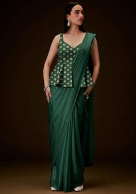 Bottle Green Brocade Pre Draped Saree Set
