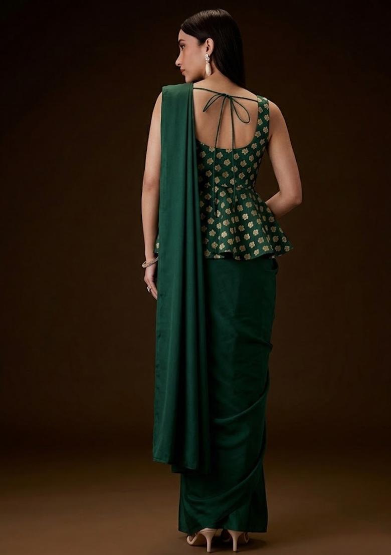 Bottle Green Brocade Pre Draped Saree Set - Indya