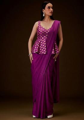 Magenta Brocade Pre Draped Saree Set