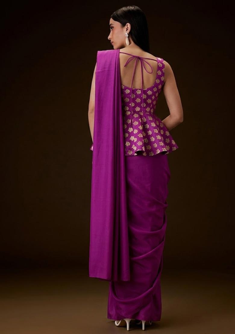 Magenta Brocade Pre Draped Saree Set - Indya
