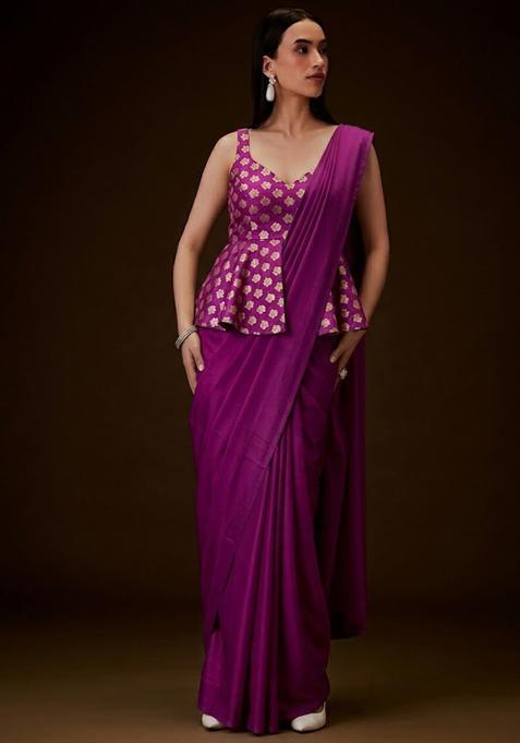 Magenta Brocade Pre Draped Saree Set