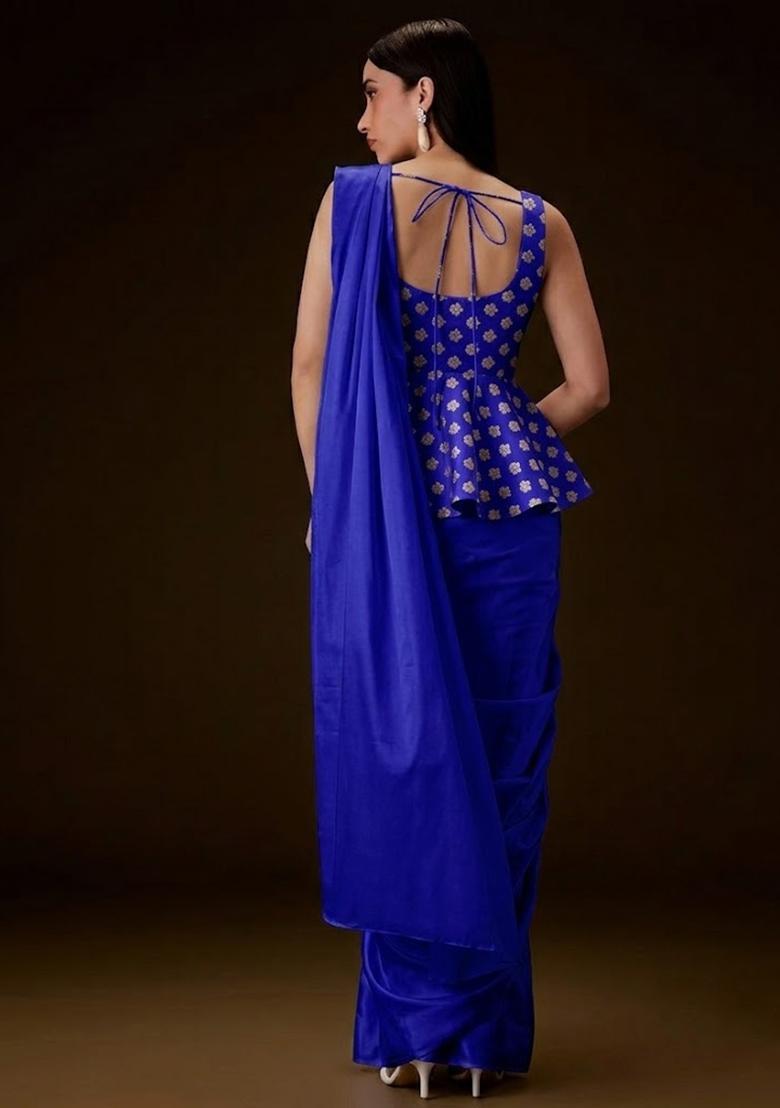 Royal Blue Brocade Pre Draped Saree Set - Indya