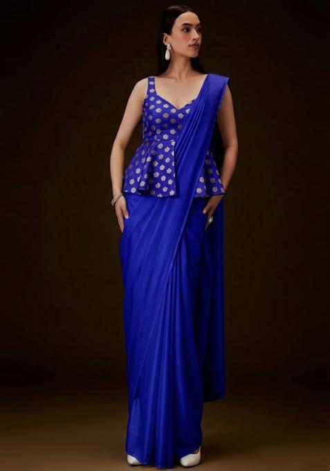 Royal Blue Brocade Pre Draped Saree Set