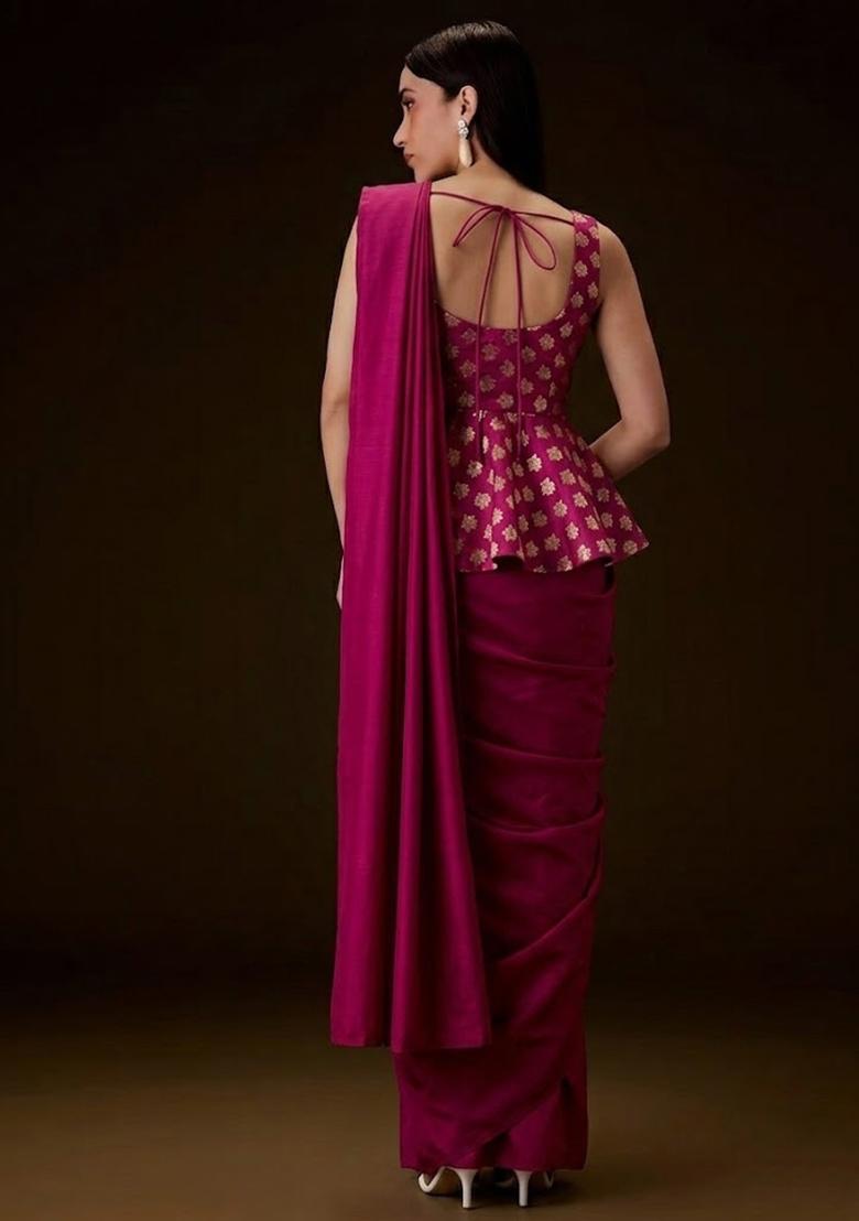 Rani Pink Brocade Pre Draped Saree Set - Indya