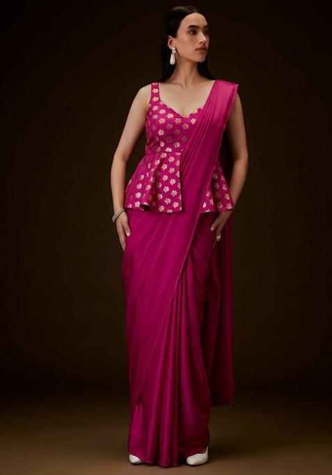 Rani Pink Brocade Pre Draped Saree Set