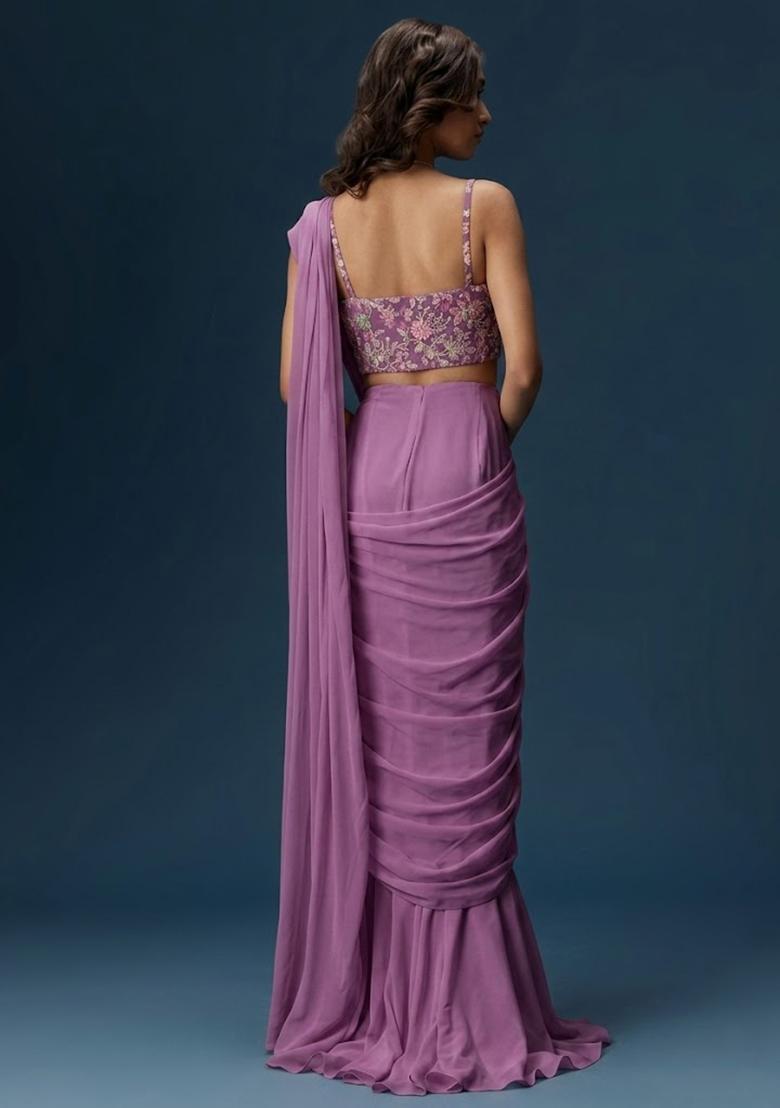 Lavender Printed Crepe Pre Draped Saree Set - Indya