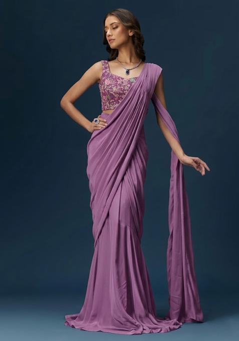 Lavender Printed Crepe Pre Draped Saree Set