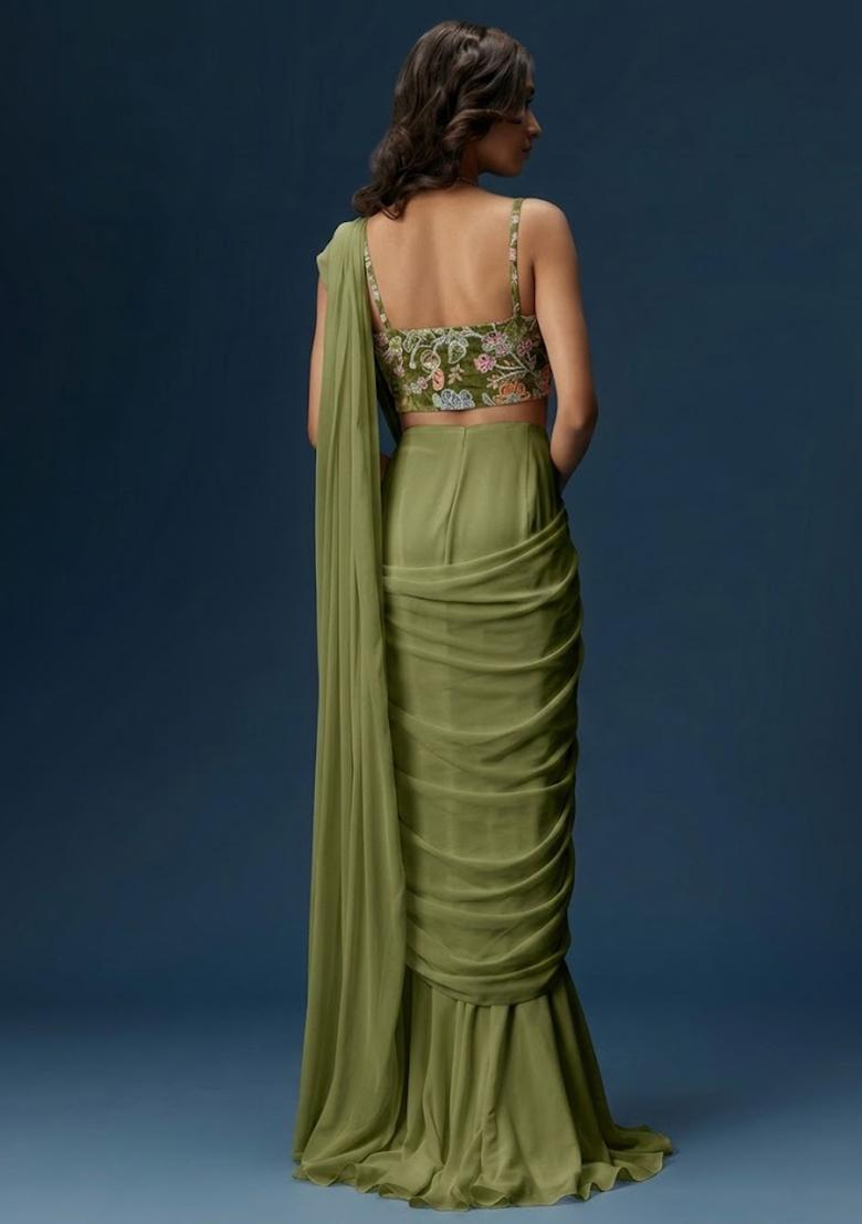 Olive Green Printed Crepe Pre Draped Saree Set - Indya
