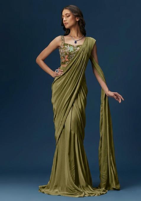 Olive Green Printed Crepe Pre Draped Saree Set
