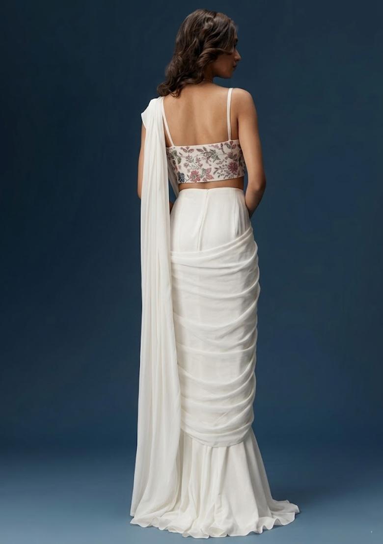 White Printed Crepe Pre Draped Saree Set - Indya
