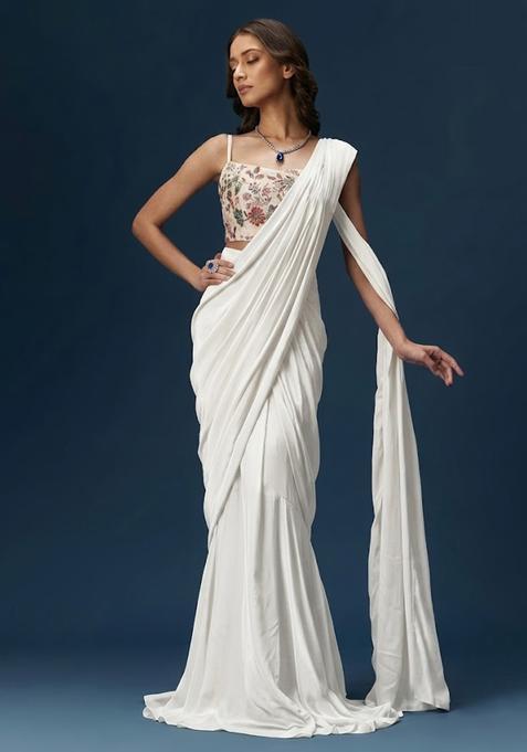 White Printed Crepe Pre Draped Saree Set