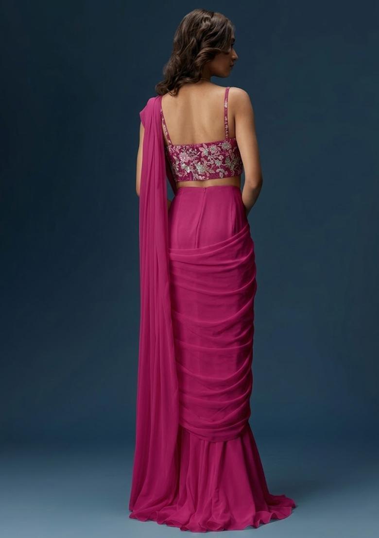 Rani Pink Printed Crepe Pre Draped Saree Set - Indya