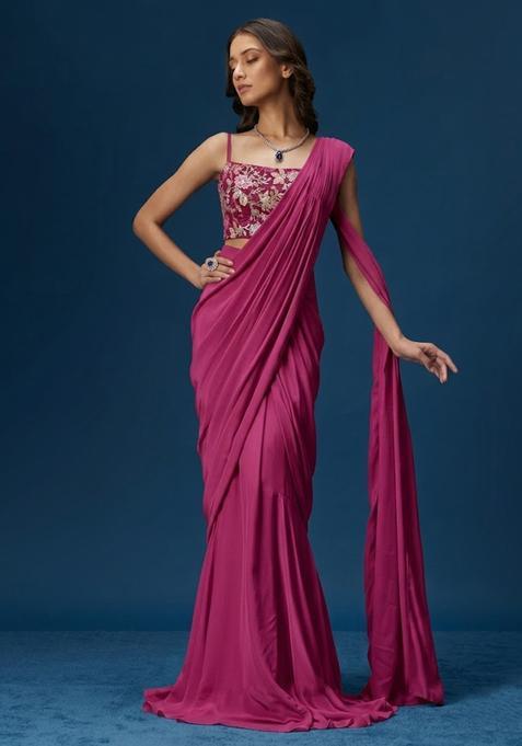 Rani Pink Printed Crepe Pre Draped Saree Set