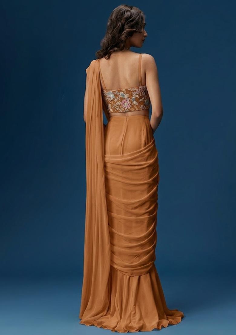 Caramel Brown Printed Crepe Pre Draped Saree Set - Indya