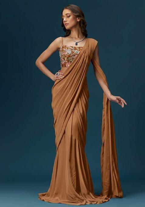 Caramel Brown Printed Crepe Pre Draped Saree Set