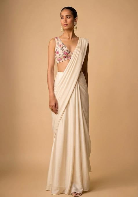 Ivory White Printed Organza Pre Draped Saree Set