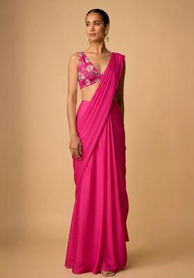 Rani Pink Printed Organza Pre Draped Saree Set