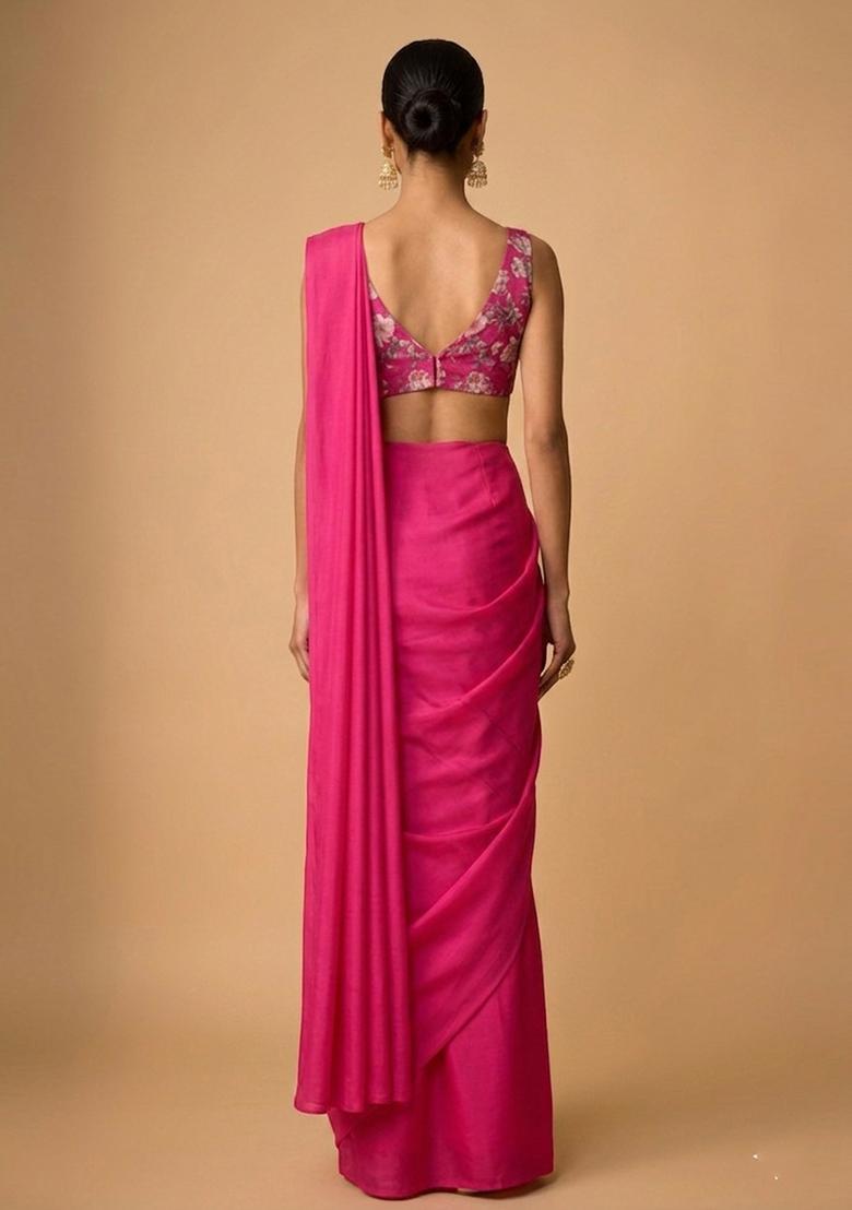 Rani Pink Printed Organza Pre Draped Saree Set - Indya
