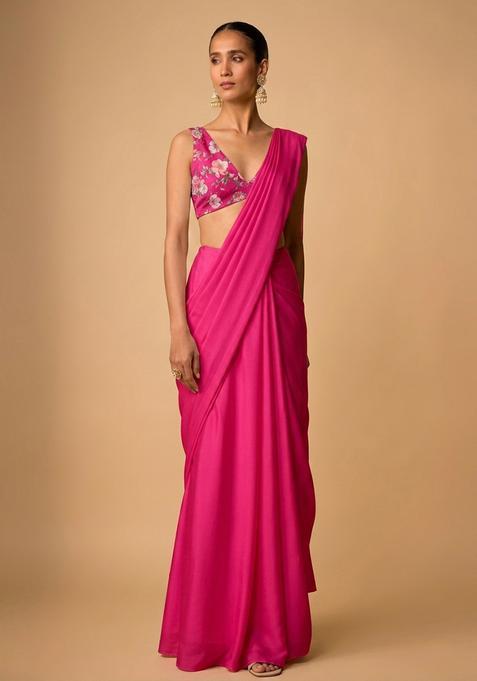 Rani Pink Printed Organza Pre Draped Saree Set