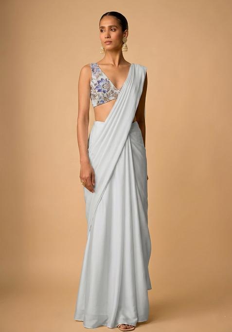 Powder Blue Printed Organza Pre Draped Saree Set