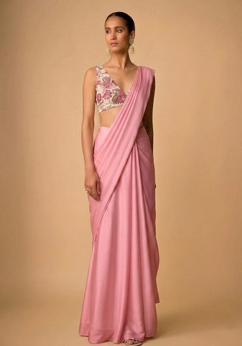 Pink Printed Organza Pre Draped Saree Set