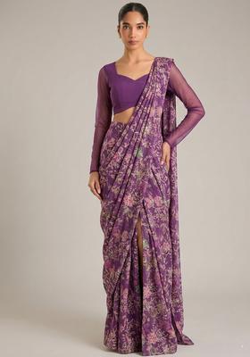 Purple Printed Crepe Pre Draped Saree Set