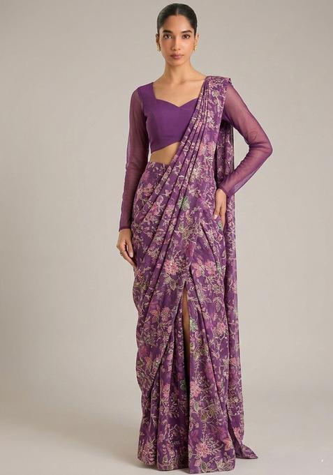 Purple Printed Crepe Pre Draped Saree Set