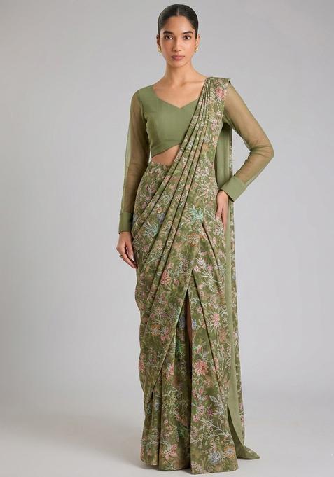 Olive Green Printed Crepe Pre Draped Saree Set