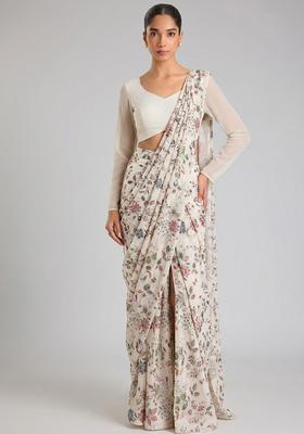 Off White Printed Crepe Pre Draped Saree Set
