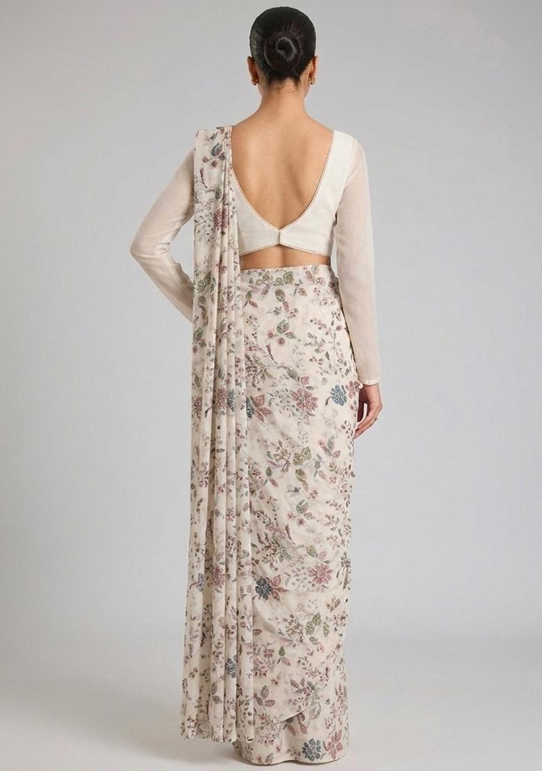 Off White Printed Crepe Pre Draped Saree Set - Indya