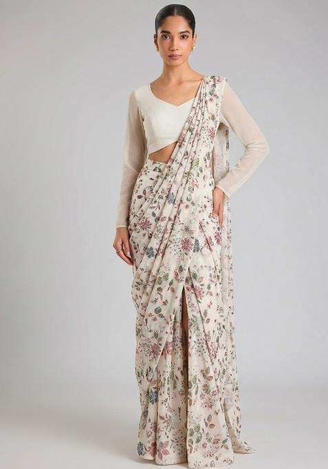 Off White Printed Crepe Pre Draped Saree Set