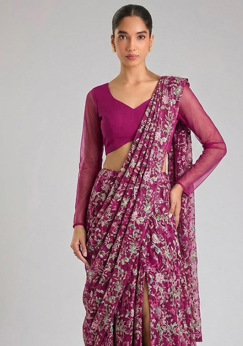 Magenta Printed Crepe Pre Draped Saree Set - Indya