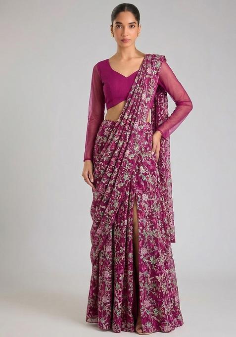 Magenta Printed Crepe Pre Draped Saree Set