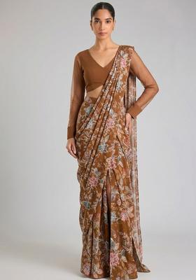 Brown Printed Crepe Pre Draped Saree Set