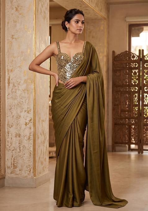 Olive Green Embellished Pre Draped Saree Set