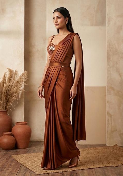 Brown Embellished Pre Draped Saree Set