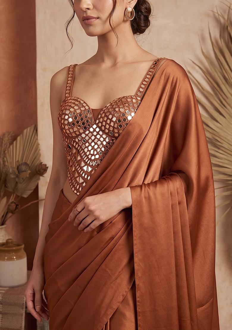 Brown Embellished Pre Draped Saree Set - Indya