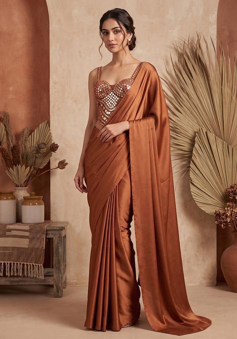 Brown Embellished Pre Draped Saree Set