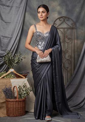 Pastel Blue Embellished Pre Draped Saree Set