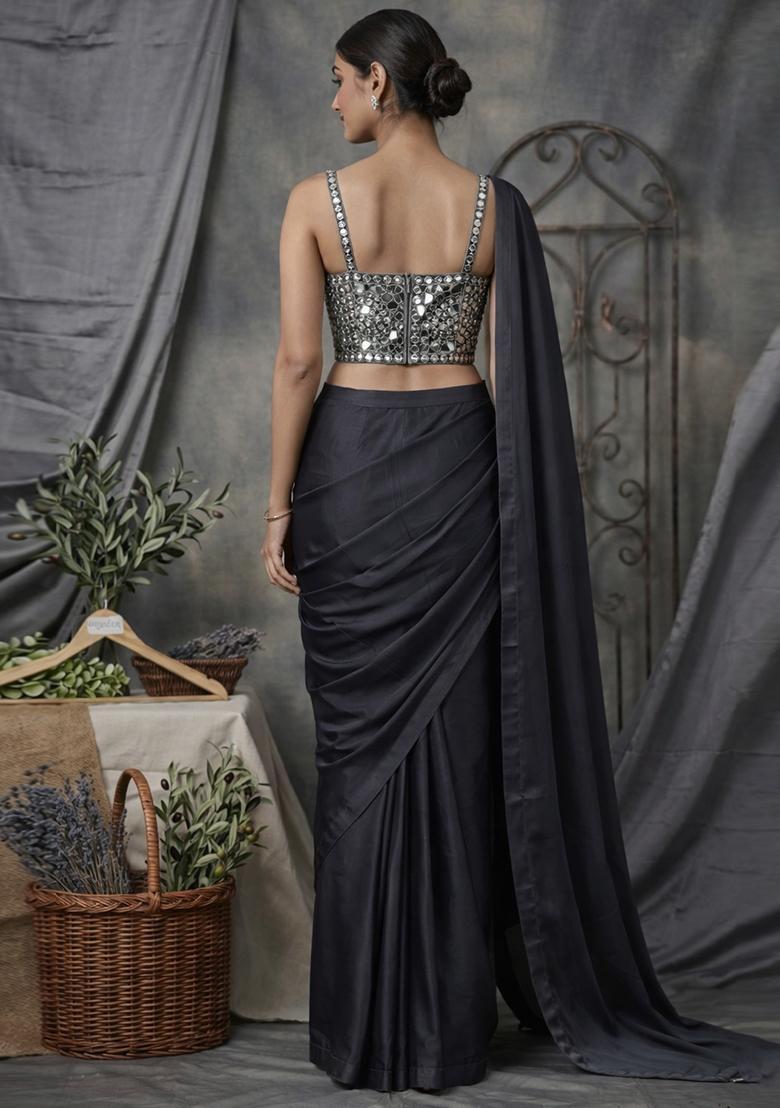 Pastel Blue Embellished Pre Draped Saree Set - Indya