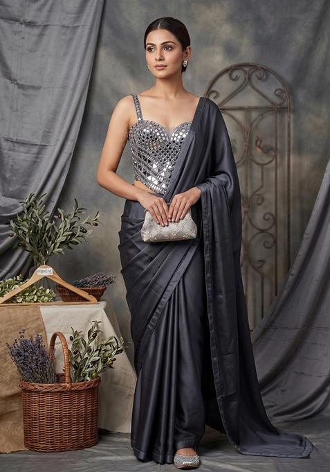 Pastel Blue Embellished Pre Draped Saree Set