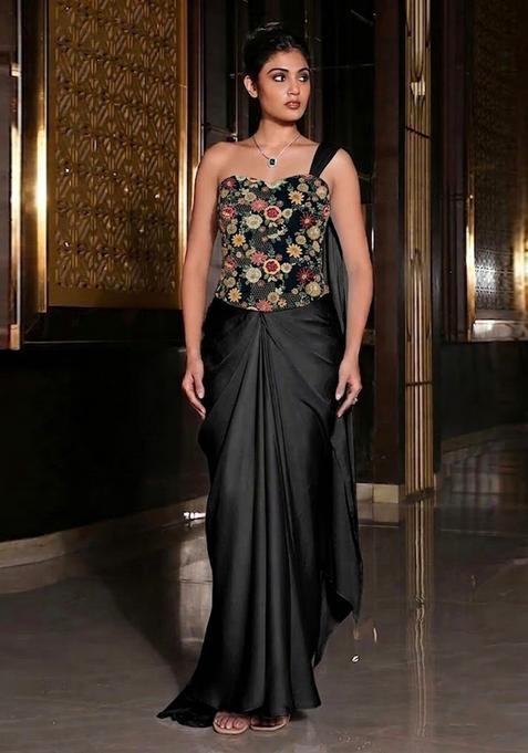 Black Embroidered Tissue Pre Draped Saree Set