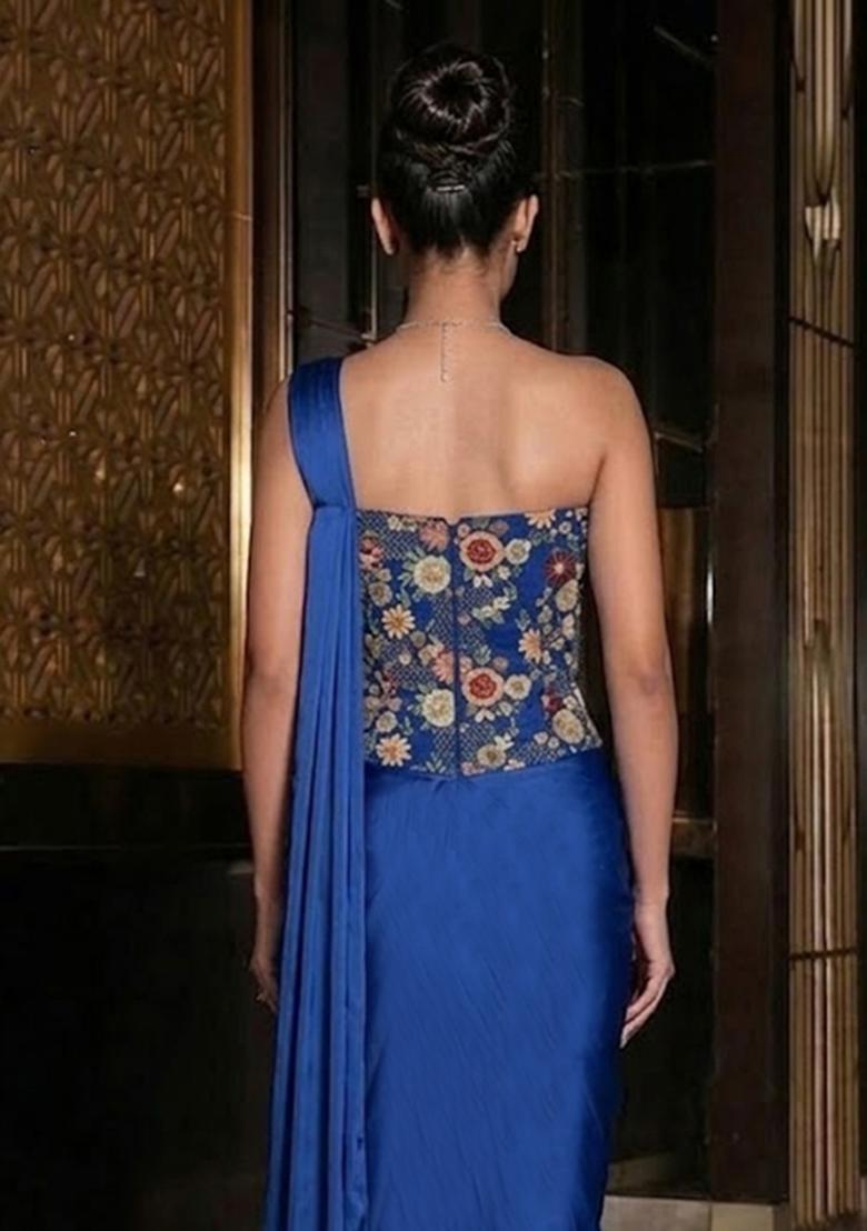 Blue Embroidered Tissue Pre Draped Saree Set - Indya