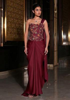 Maroon Embroidered Tissue Pre Draped Saree Set
